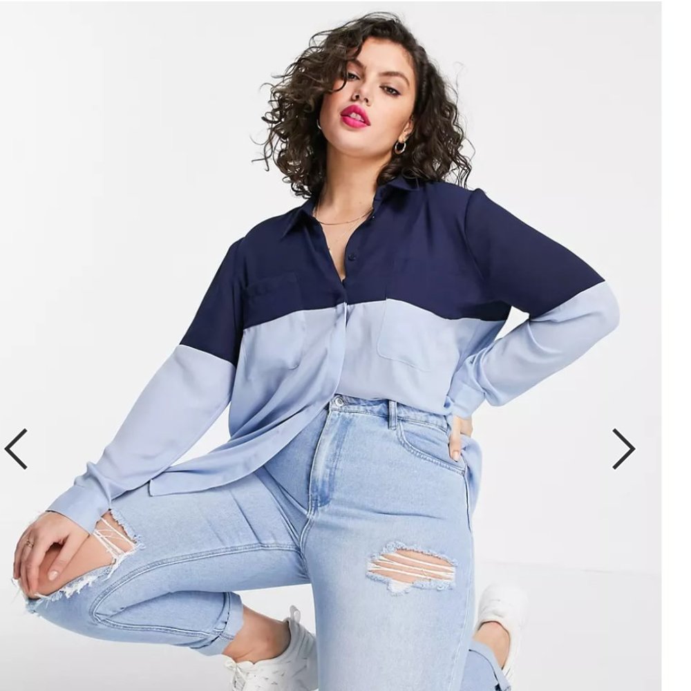 ASOS DESIGN Curve color block shirt in navy and light blue